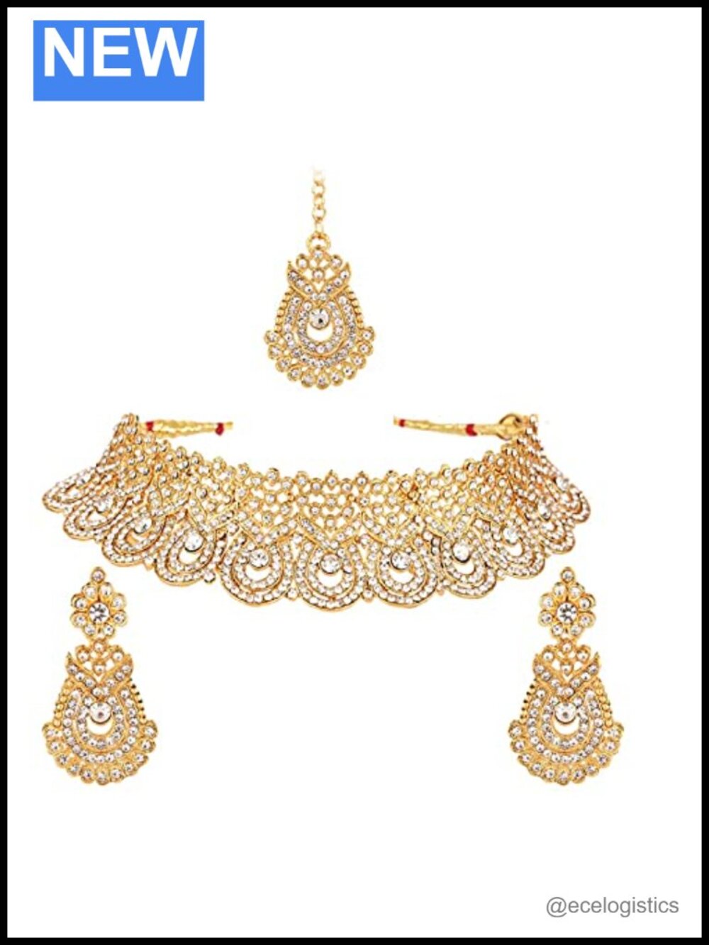Gold Plated Rhinestone Choker Necklace Earrings Maangtikka Set